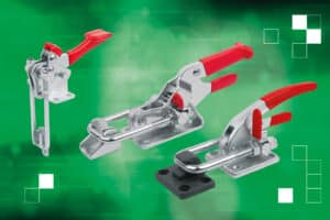 Pièces normalisées pour les technologies de serrage et d'assemblage Nouveau chez norelem : Sauterelle à étrier avec verrouillage de sécurité et autres modèles de sauterelles et de vérins à tirer