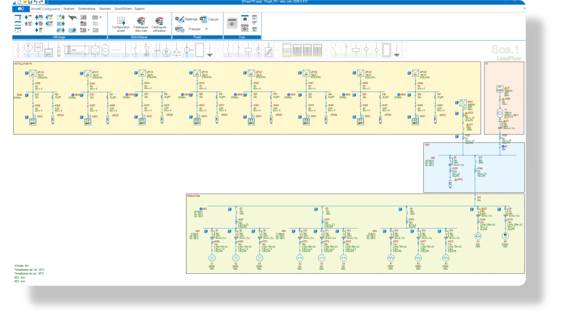 elec calc SOLAR : la seule solution en saisie libre à combiner dimensionnement PV, analyse des flux de puissance et raccordement HTA dans une étude électrique complète